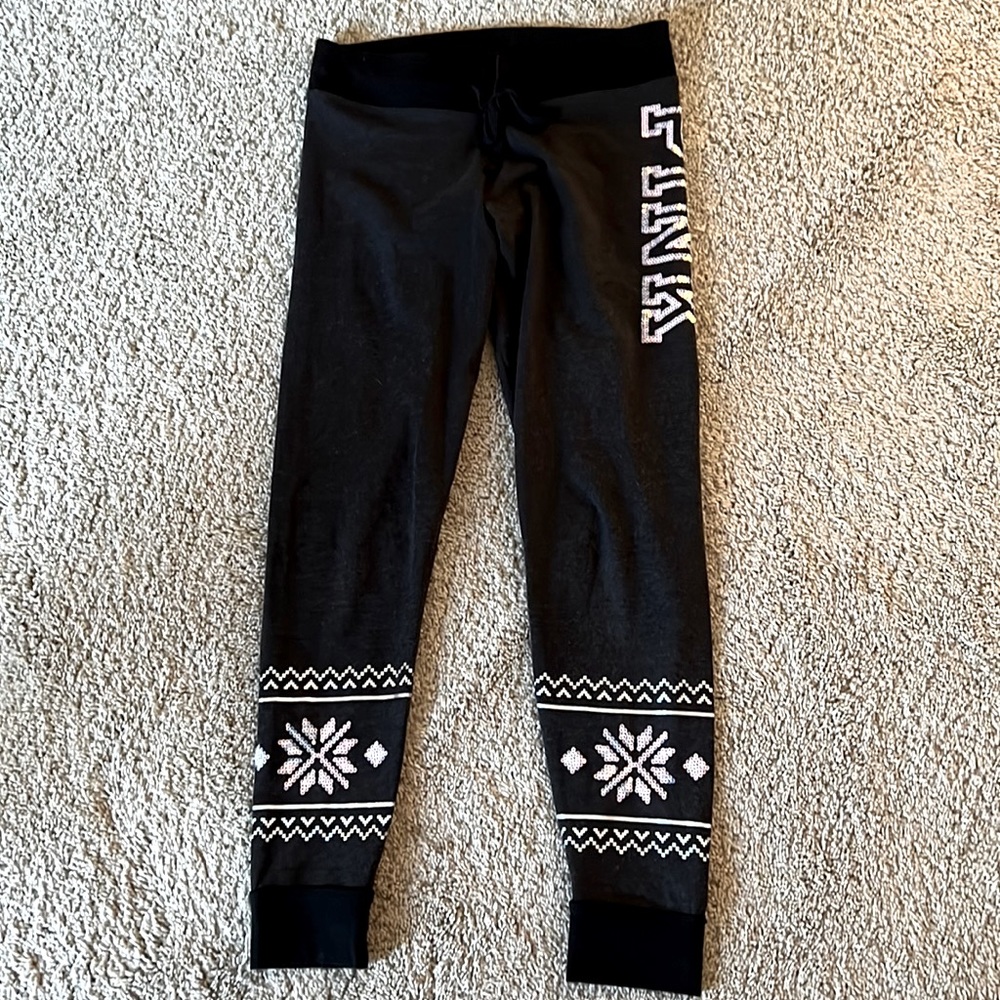 PINK yoga leggings black with iridescent snowflake detail size M